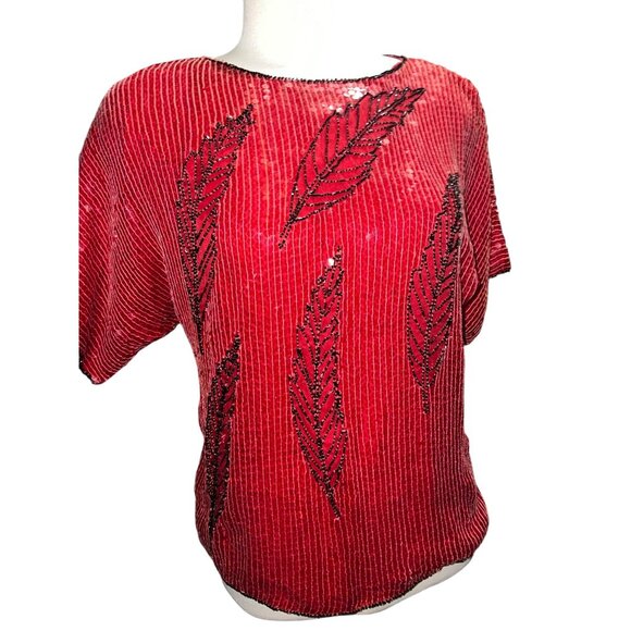 Vintage Jean For Le Bon Red Sequin Beaded Top Medium Pure Silk Short Sleeve Wome - Picture 3 of 11
